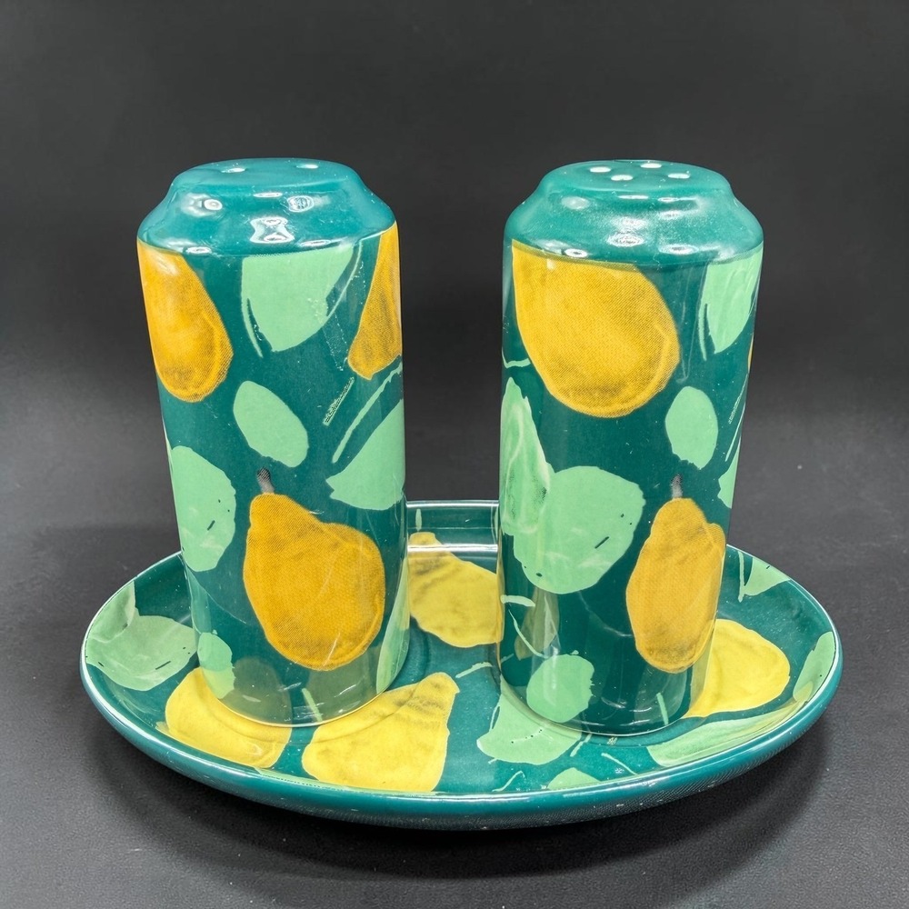 Anthropologie Pear Salt and Pepper Shakers with Tray Teal Green Yellow‎ Ceramic